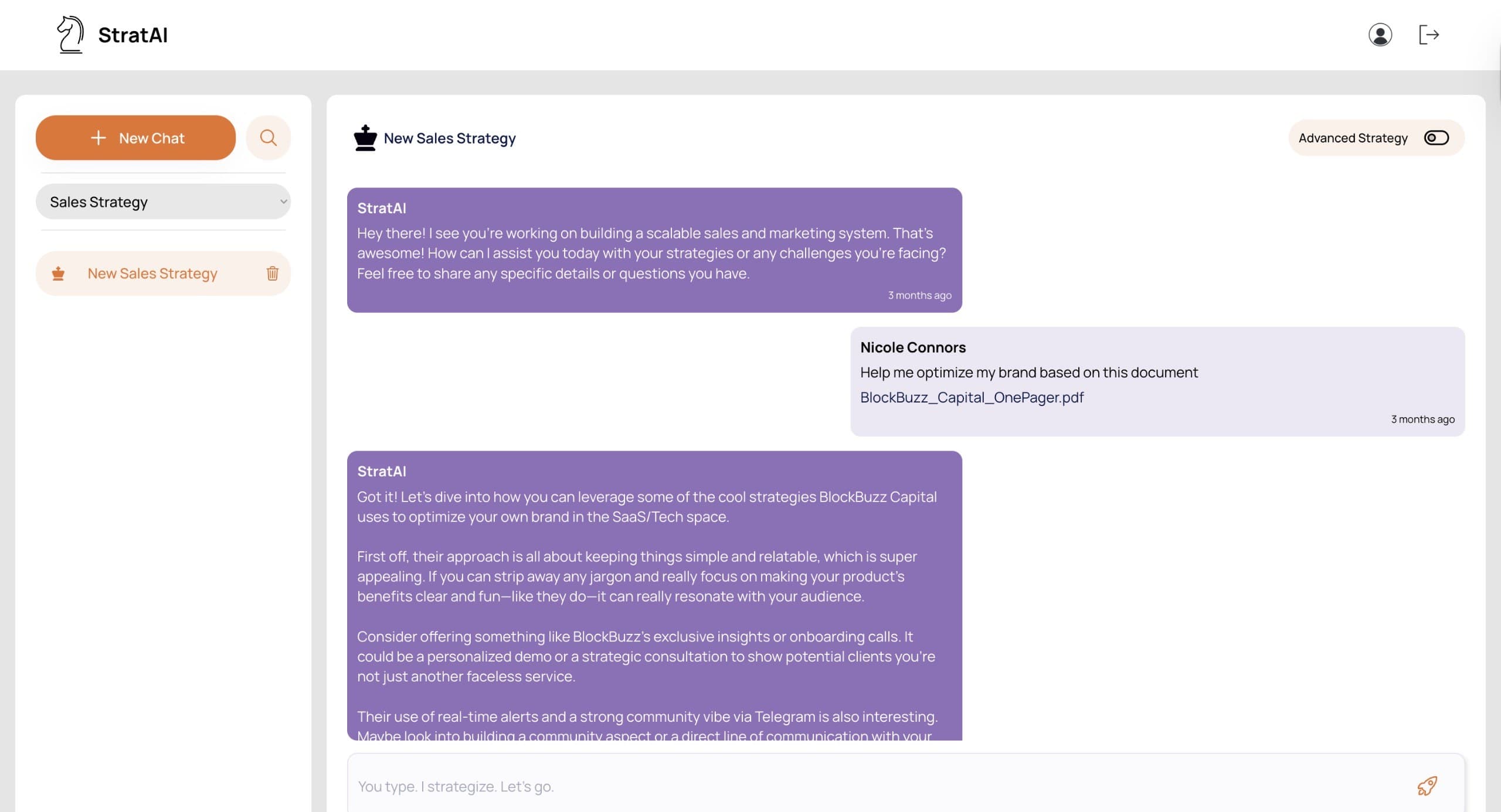 StratAI chat dashboard